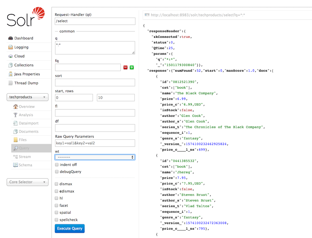 Solr Quick Start: techproducts Query screen with results